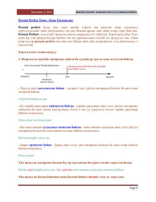 December 2, 2012               [ENGLISH TEACHER   B.ENKHZUL FOR 8-11 TH GRADE STUDENTS]


Present Perfect Tense –Одоо Төгссөн цаг

Present perfect буюу төгс одоо цагийг хэрхэн зөв ашиглах ямар тохиодолд
хэрэглэгддэгийг сайн ойлгочихвол энэ цаг бидний ярьдаг шиг тийм хэцүү зүйл биш юм.
Present Perfect гэсэн үгийг орчуулж ойлгох шаардлага огт байхгүй. Хэрэв орчуулбал Төгс
одоо цаг гэж орчууллагддаг бөгөөд энэ нь суралцагсдын толгойг их эргүүлдэг юм. Тийм
учир зүгээр present perfect гэж ийм цаг байдаг ийм зүйл илэрхийлдэг гээд ойлгочиход л
хангалттай.

Хэрэглэгддэг тохиолдолууд

1. Ямар нэгэн зүйлийг өнгөрсөнд хийсэн ба түүний үр дүн нь одоо мэдэгдэж байгаа.




- Хүүхэд аяга хагалчихсан байна - хагарах гэдэг үйлдэл өнгөрсөнд болсон ба аяга одоо
хагархай байгаа.

A kid has broken a cup

- Би гэрийн даалгавраа хийчихсэн байгаа - гэрийн даалгавар хийх гэдэг үйлдэл өнгөрсөнд
хийгдсэн ба одоо надад шалгуулахад бэлэн ч юм уу үзүүлэхэд бэлэн гэрийн даалгавар
байгаа тохиолдолд.

I have done my homework.

- Бат шинэ машин худалдаад авчихсан байгаа - шинэ машин худалдаж авах гэдэг үйлдэл
өнгөрсөнд болсон ба одоо машин нь шинэ байгаа тохиолдолд.

Bat has bought a new car.

- Бороо орчихсон байна - бороо орох гэдэг үйл өнгөрсөнд болсон ба одоо газар нойтон
байгаа тохиодолд.

It has rained.

Үйл явдал нь өнгөрсөнд болсон ба тэр тун саяхан бол just гэдгийг хэрэглэж болно.

Bat has just bought a new car - Бат дөнгөж шинэ машин худалдаж авчихаад байна.

Үйл явдал нь бодож байснаас өмнө болсон байвал already гэдэг үг хэрэглэнэ.


                                                                                           Page 9
 