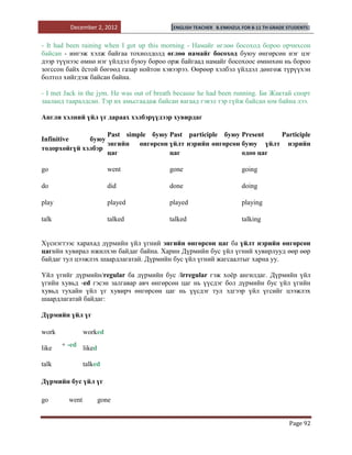 December 2, 2012                  [ENGLISH TEACHER   B.ENKHZUL FOR 8-11 TH GRADE STUDENTS]


- It had been raining when I got up this morning - Намайг өглөө босоход бороо орчихсон
байсан - ингэж хэлж байгаа тохиолдолд өглөө намайг босоход буюу өнгөрсөн нэг цэг
дээр түүнээс өмнө нэг үйлдэл буюу бороо орж байгаад намайг босохоос өмнөхөн нь бороо
зогссон байх ѐстой бөгөөд газар нойтон хэвээрээ. Өөрөөр хэлбэл үйлдэл дөнгөж түрүүхэн
болтол хийгдэж байсан байна.

- I met Jack in the jym. He was out of breath because he had been running. Би Жактай спорт
зааланд тааралдсан. Тэр их амьсгаадаж байсан яагаад гэвэл тэр гүйж байсан юм байна лээ.

Англи хэлний үйл үг дараах хэлбэрүүдээр хувирдаг

                   Past simple буюу Past participle буюу Present  Participle
Infinitive    буюу
                   энгийн өнгөрсөн үйлт нэрийн өнгөрсөн буюу үйлт нэрийн
тодорхойгүй хэлбэр
                   цаг              цаг                  одоо цаг

go                       went             gone                          going

do                       did              done                          doing

play                     played           played                        playing

talk                     talked           talked                        talking


Хүснэгтээс харахад дүрмийн үйл үгний энгийн өнгөрсөн цаг ба үйлт нэрийн өнгөрсөн
цагийн хувирал ижилхэн байдаг байна. Харин Дүрмийн бус үйл үгний хувирлууд өөр өөр
байдаг тул цээжлэх шаардлагатай. Дүрмийн бус үйл үгний жагсаалтыг харна уу.

Үйл үгийг дүрмийн/regular ба дүрмийн бус /irregular гэж хоѐр ангилдаг. Дүрмийн үйл
үгийн хувьд -ed гэсэн залгавар авч өнгөрсөн цаг нь үүсдэг бол дүрмийн бус үйл үгийн
хувьд тухайн үйл үг хувирч өнгөрсөн цаг нь үүсдэг тул эдгээр үйл үгсийг цээжлэх
шаардлагатай байдаг:

Дүрмийн үйл үг

work            worked

like   + -ed liked

talk            talked

Дүрмийн бус үйл үг

go       went        gone


                                                                                          Page 92
 