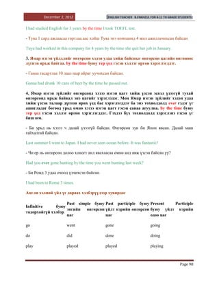 December 2, 2012                    [ENGLISH TEACHER   B.ENKHZUL FOR 8-11 TH GRADE STUDENTS]


I had studied English for 3 years by the time I took TOEFL test.

- Туяа 1 сард ажлаасаа гартлаа аас хойш Туяа энэ компанид 4 жил ажиллачихсан байсан

Тuya had worked in this company for 4 years by the time she quit her job in January.

3. Ямар нэгэн үйлдлийг өнгөрсөн хэдэн удаа хийж байсныг өнгөрсөн цагийн өнгөнөөс
дүгнэн ярьж байгаа. by the time буюу тер үед гэсэн хэллэг өргөн хэрэглэгддэг.

- Ганаа тасартлаа 10 лааз шар айраг уучихсан байсан.

Ganaa had drunk 10 cans of beer by the time he passed out.

4. Ямар нэгэн зүйлийг өнгөрсөнд хэзээ нэгэн цагт хийж үзсэн эсвэл үзээгүй тухай
өнгөрсөнд ярьж байвал энэ цагийг хэрэглэдэг. Мөн Ямар нэгэн зүйлийг хэдэн удаа
хийж үзсэн талаар дүгнэн ярих үед бас хэрэглэгддэг ба энэ тохиолдолд ever гэдэг үг
ашигладаг бөгөөд урьд өмнө хэзээ нэгэн цагт гэсэн санаа агуулна. by the time буюу
тер үед гэсэн хэллэг өргөн хэрэглэгддэг. Гэхдээ бүх тохиолдолд хэрэглэнэ гэсэн үг
биш юм.

- Би урьд нь хэзээ ч далай үзээгүй байсан. Өнгөрсөн зун би Япон явсан. Далай маш
гайхалтай байсан.

Last summer I went to Japan. I had never seen ocean before. It was fantastic!

- Чи ер нь өнгөрсөн долоо хоногт анд явахаасаа өмнө анд явж үзсэн байсан уу?

Had you ever gone hunting by the time you went hunting last week?

- Би Ромд 3 удаа очоод үзчихсэн байсан.

I had been to Rome 3 times.

Англи хэлний үйл үг дараах хэлбэрүүдээр хувирдаг

                   Past simple буюу Past participle буюу Present  Participle
Infinitive    буюу
                   энгийн өнгөрсөн үйлт нэрийн өнгөрсөн буюу үйлт нэрийн
тодорхойгүй хэлбэр
                   цаг              цаг                  одоо цаг

go                     went                   gone                         going

do                     did                    done                         doing

play                   played                 played                       playing



                                                                                             Page 98
 