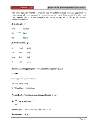 December 2, 2012            [ENGLISH TEACHER   B.ENKHZUL FOR 8-11 TH GRADE STUDENTS]


Үйл үгийг дүрмийн/regular ба дүрмийн бус /irregular гэж хоѐр ангилдаг. Дүрмийн үйл
үгийн хувьд -ed гэсэн залгавар авч өнгөрсөн цаг нь үүсдэг бол дүрмийн бус үйл үгийн
хувьд тухайн үйл үг хувирч өнгөрсөн цаг нь үүсдэг тул эдгээр үйл үгсийг цээжлэх
шаардлагатай байдаг:

Дүрмийн үйл үг

work                 worked

like     + -ed liked

talk                 talked

Дүрмийн бус үйл үг

go            went        gone

see           saw         seen

have          had         had

do            did         done


Англи хэлний өгүүлбэрийн бүтэц дараах хэлбэртэй байдаг:

S+V+O

S - Subject буюу үйлийн эзэн

V - Verb буюу үйл үг

O - Object буюу тусагдахуун


Present Perfect Continuos цагийн өгүүлбэрийн бүтэц

       have
S+            been verb+ing + O
       has

Анхаар! үйл үг нь-ing залгавар авсан байх ѐстой

Зөвшөөрсөн хэлбэр

                                                                                        Page 114
 