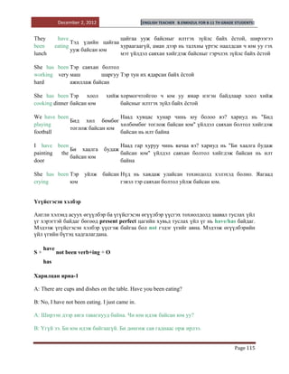 December 2, 2012                    [ENGLISH TEACHER   B.ENKHZUL FOR 8-11 TH GRADE STUDENTS]


They         have                   цайгаа ууж байсныг илтгэх зүйлс байх ѐстой, ширээгээ
                   Тэд үдийн цайгаа
been        eating                  хураагаагүй, аман дээр нь талхны үртэс наалдсан ч юм уу гэх
                   ууж байсан юм
lunch                               мэт үйлдэл саяхан хийгдэж байсныг гэрчлэх зүйлс байх ѐстой

She has been Тэр саяхан болтол
working very маш        шаргуу Тэр тун их ядарсан байх ѐстой
hard         ажиллаж байсан

She has been Тэр хоол           хийж хормогчтойгоо ч юм уу ямар нэгэн байдлаар хоол хийж
cooking dinner байсан юм             байсныг илтгэх зүйл байх ѐстой

We have been                  Наад хувцас хунар чинь юу болоо вэ? хариуд нь "Бид
             Бид хөл бөмбөг
playing                       хөлбөмбөг тоглож байсан юм" үйлдэл саяхан болтол хийгдэж
             тоглож байсан юм
football                      байсан нь илт байна

I have been                             Наад гар хуруу чинь яачаа вэ? хариуд нь "Би хаалга будаж
             Би хаалга          будаж
painting the                            байсан юм" үйлдэл саяхан болтол хийгдэж байсан нь илт
             байсан юм
door                                    байна

She has been Тэр уйлж байсан Нүд нь хавдаж улайсан тохиодолд хэлэхэд болно. Яагаад
crying       юм              гэвэл тэр саяхан болтол уйлж байсан юм.


Үгүйсгэсэн хэлбэр

Англи хэлэнд асуух өгүүлбэр ба үгүйсгэсэн өгүүлбэр үүсгэх тохиолдолд заавал туслах үйл
үг хэрэгтэй байдаг бөгөөд present perfect цагийн хувьд туслах үйл үг нь have/has байдаг.
Мэдээж үгүйсгэсэн хэлбэр үүсгэж байгаа бол not гэдэг үгийг авна. Мэдээж өгүүлбэрийн
үйл үгийн бүтэц хадгалагдана.

     have
S+          not been verb+ing + O
     has

Харилцан яриа-1

A: There are cups and dishes on the table. Have you been eating?

B: No, I have not been eating. I just came in.

A: Ширээн дээр аяга тавагнууд байна. Чи юм идэж байсан юм уу?

В: Үгүй ээ. Би юм идэж байгаагүй. Би дөнгөж сая гаднаас орж ирлээ.


                                                                                               Page 115
 