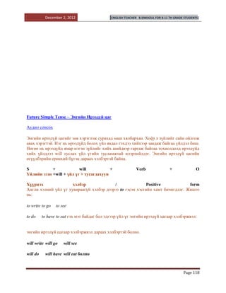 December 2, 2012                  [ENGLISH TEACHER   B.ENKHZUL FOR 8-11 TH GRADE STUDENTS]




Future Simple Tense – Энгийн Ирээдүй цаг

Аудио сонсох

Энгийн ирээдүй цагийг зөв хэрэглэж сурахад маш хялбархан. Хоѐр л зүйлийг сайн ойлгож
авах хэрэгтэй. Нэг нь ирээдүйд болох үйл явдал гэхдээ хийхээр завдаж байгаа үйлдэл биш.
Нөгөө нь ирээдүйд ямар нэгэн зүйлийг хийх шийдвэр гаргаж байгаа тохиолдолд ирээдүйд
хийх үйлдлээ will туслах үйл үгийн тусламжтай илэрхийлдэг. Энгийн ирээдүй цагийн
өгүүлбэрийн ерөнхий бүтэц дараах хэлбэртэй байна.

S           +             will           +                  Verb                  +                O
Үйлийн эзэн +will + үйл үг + тусагдахуун

Хүүрнэх               хэлбэр              /                Positive            form
Англи хэлний үйл үг хувираагүй хэлбэр дээрээ to гэсэн хэсгийн хамт бичигддэг. Жишээ
нь:

to write to go   to see

to do     to have to eat гэх мэт байдаг бол эдгээр үйл үг энгийн ирээдүй цагаар хэлбэржвэл:


энгийн ирээдүй цагаар хэлбэржвэл дараах хэлбэртэй болно.

will write will go   will see

will do    will have will eat болно



                                                                                           Page 118
 