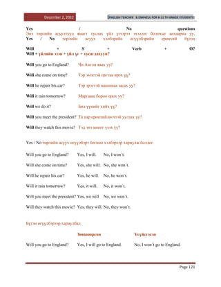 December 2, 2012                     [ENGLISH TEACHER   B.ENKHZUL FOR 8-11 TH GRADE STUDENTS]


Yes                     /                   No                      questions
Энэ төрлийн асуултууд ямагт туслах үйл үгээрээ эхэлдэг болохыг анхаарна уу.
Yes   /   No    төрлийн   асуух   хэлбэрийн   өгүүлбэрийн   ерөнхий    бүтэц

Will           +             S           +                    Verb                 +               O?
Will + үйлийн эзэн + үйл үг + тусагдахуун?

Will you go to England?      Чи Англи явах уу?

Will she come on time?       Тэр эмэгтэй цагтаа ирэх үү?

Will he repair his car?      Тэр эрэгтэй машинаа засах уу?

Will it rain tomorrow?       Маргааш бороо орох уу?

Will we do it?               Бид үүнийг хийх үү?

Will you meet the president? Та нар ерөнхийлөгчтэй уулзах уу?

Will they watch this movie? Тэд энэ киног үзэх үү?


Yes / No төрлийн асуух өгүүлбэрт богино хэлбэрээр хариулж болдог

Will you go to England?      Yes, I will.    No, I won`t.

Will she come on time?       Yes, she will. No, she won`t.

Will he repair his car?      Yes, he will.   No, he won`t.

Will it rain tomorrow?       Yes, it will.   No, it won`t.

Will you meet the president? Yes, we will    No, we won`t.

Will they watch this movie? Yes, they will. No, they won`t.


Бүтэн өгүүлбэрээр хариулбал

                             Зөвшөөрсөн                           Үгүйсгэсэн

Will you go to England?      Yes, I will go to England.           No, I won`t go to England.




                                                                                             Page 121
 