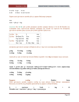 December 2, 2012                    [ENGLISH TEACHER   B.ENKHZUL FOR 8-11 TH GRADE STUDENTS]


to write to go   to see
to do    to have to eat гэх мэт

Харин одоо үргэлжлэх цагийн үйл үг дараах байдлаар хувирдаг:

was
were + үйл үг + ing

was/were бол to be үйл үгийн өнгөрсөн цагийн хувирал бөгөөд I, II, ба III биеийн аль
хэлбэрийн хамт хэрэглэгдэж байгаас хамааран аль нэгийг нь хэрэглэх ба өнгөрсөнд
үргэлжлэх цагийн хувьд туслах үйл үгийн үүргийг гүйцэтгэнэ.

1-р бие   Би             I                  was
2-р бие   Чи буюу Та     You                were
          Тэр эмэгтэй    She                was
3-р бие   Тэр эрэгтэй    He                 was
          Энэ / тэр      It / this / that   was

өнгөрсөнд үргэлжлэх цагаар хэлбэржсэн үйл үг -ing гэсэн залгавар авсан байдаг:

going       Working          reading
looking     Eating           sleeping

хэрэв үйл үг дан -e эгшигээр төгссөн байвал түүнийг гээж -ing залгаварыг шууд залгадаг.

taking      Having       hiking
baking      Living       writing

хэрэв 1 үетэй үйл үг төгсөхдөө гийгүүлэгч+эгшиг+гийгүүлэгч гэсэн дарааллаар
төгссөн байвал сүүлийн гийгүүлэгчийн давхарлан бичдэг.

cutting     Putting     planning
setting     Betting     digging


Хүүрнэх                 хэлбэр              /              Positive    form
Одоо үргэлжлэх цагийн хүүрнэх хэлбэр нь одоо үйлдэл болж байгааг зөвшөөрсөн
баталсан утгатай ба өгүүлбэрийн ерөнхий бүтэц дараах хэлбэртэй байна.

S      +        was/were         +         Verb                  +         ing           +          O
Үйлийн эзэн + was/were + үйл үг + ing + тусагдахуун


                                                                                             Page 20
 