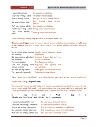 December 2, 2012                 [ENGLISH TEACHER   B.ENKHZUL FOR 8-11 TH GRADE STUDENTS]


I was writing a letter     Би захиа бичиж байсан.
You were writing a letter  Чи захиа бичиж байсан.
He was writing a letter    Тэр эрэгтэй захиа бичиж байсан.
                           Тэр эмэгтэй захиа бичиж
She was writing a letter
                           байсан.
We* were writing a letter Бид захиа бичиж байсан.
You* were writing a letter Та нар захиа бичиж байсан.
They* were writing a
                           Тэд нар захиа бичиж байсан.
letter

*олон тооны бүх хэлбэр дээр are гэсэн хувилбарыг хэрэглэнэ.

Жишээ өгүүлбэрүүд: одоо үргэлжлэх цагийг хэрэглэж байгаа тохиололд now, right now,
at the moment гэх мэт яг одоо гэсэн утга агуулж байгаа дайвар үгнүүдийг хэрэглэж
болдог.

It was raining when I got up Намайг өглөө босоход бороо
this morning.                орж байсан.
Bat was going to school at 4 Өчигдөр 4 цагт Бат сургууль
pm yesterday.                руугаа явж байсан.
Tuya was dancing.            Туяа бүжиглэж байсан.
Tim was singing when Жоржийг орж ирэхэд Тим
George came in.              дуулж байсан.
We were having dinner*       Бид өдрийн хоолоо идэж байсан
They were playing cards.     Тэд хөзөр тоглож байсан.

*have - ямар нэгэн юмтай байх гэсэн үйл үг боловч идэх гэсэн утгаар хэрэглэгдэж болдог.

Үгүйсгэсэн хэлбэр / Negative form

Өнгөрсөнд үргэлжлэх цагийн үгүйсгэсэн хэлбэр нь өнгөрсөнд тодорхой нэг мөч дээр ямар
нэгэн үйлийг хийж байгаагүй тухай илэрхийлдэг. Англи хэлэнд үгүйсгэсэн хэлбэрийг not
гэсэн туслах үгийн тусламжтайгаар үүсгэдэг. Үгүйсгэх хэлбэртэй өгүүлбэрийн бүтэц:

S    +       was      /were+      not       +      Verb              +       ing        +        O
Үйлийн эзэн +was/ were + not +үйл үг + ing + тусагдахуун

I was not writing a letter now      Би одоо захиа бичээгүй байсан
You were not writing a letter now   Чи одоо захиа бичээгүй байсан
He was not writing a letter now     Тэр эрэгтэй одоо захиа бичээгүй байсан
She was not writing a letter now    Тэр эмэгтэй одоо захиа бичээгүй байсан
We* were not writing a letter now   Бид одоо захиа бичээгүй байсан

                                                                                            Page 21
 