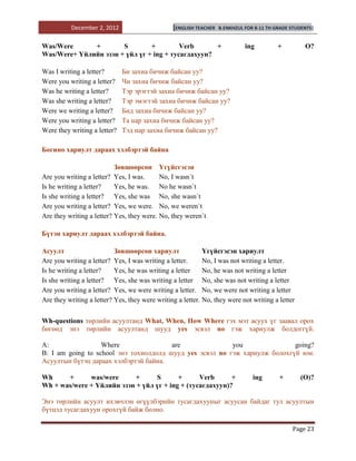 December 2, 2012                      [ENGLISH TEACHER   B.ENKHZUL FOR 8-11 TH GRADE STUDENTS]


Was/Were      +        S        +         Verb      +                        ing          +         O?
Was/Were+ Үйлийн эзэн + үйл үг + ing + тусагдахуун?

Was I writing a letter?       Би захиа бичиж байсан уу?
Were you writing a letter?    Чи захиа бичиж байсан уу?
Was he writing a letter?      Тэр эрэгтэй захиа бичиж байсан уу?
Was she writing a letter?     Тэр эмэгтэй захиа бичиж байсан уу?
Were we writing a letter?     Бид захиа бичиж байсан уу?
Were you writing a letter?    Та нар захиа бичиж байсан уу?
Were they writing a letter?   Тэд нар захиа бичиж байсан уу?

Богино хариулт дараах хэлбэртэй байна

                           Зөвшөөрсөн Үгүйсгэсэн
Are you writing a letter? Yes, I was.      No, I wasn`t
Is he writing a letter?    Yes, he was. No he wasn`t
Is she writing a letter? Yes, she was No, she wasn`t
Are you writing a letter? Yes, we were. No, we weren`t
Are they writing a letter? Yes, they were. No, they weren`t

Бүтэн хариулт дараах хэлбэртэй байна.

Асуулт                     Зөвшөөрсөн хариулт               Үгүйсгэсэн хариулт
Are you writing a letter? Yes, I was writing a letter.      No, I was not writing a letter.
Is he writing a letter?    Yes, he was writing a letter     No, he was not writing a letter
Is she writing a letter? Yes, she was writing a letter No, she was not writing a letter
Are you writing a letter? Yes, we were writing a letter. No, we were not writing a letter
Are they writing a letter? Yes, they were writing a letter. No, they were not writing a letter


Wh-questions төрлийн асуултанд What, When, How Where гэх мэт асуух үг заавал орох
бөгөөд энэ төрлийн асуултанд шууд yes эсвэл no гэж хариулж болдоггүй.

A:                 Where                are               you               going?
B: I am going to school энэ тохиолдолд шууд yes эсвэл no гэж хариулж болохгүй юм.
Асуултын бүтэц дараах хэлбэртэй байна.

Wh     +      was/were      +     S       +      Verb      +                    ing       +        (O)?
Wh + was/were + Үйлийн эзэн + үйл үг + ing + (тусагдахуун)?

Энэ төрлийн асуулт ихэвчлэн өгүүлбэрийн тусагдахууныг асуусан байдаг тул асуултын
бүтцэд тусагдахуун орохгүй байж болно.

                                                                                               Page 23
 