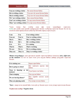 December 2, 2012                   [ENGLISH TEACHER   B.ENKHZUL FOR 8-11 TH GRADE STUDENTS]


You are writing a letter      Чи захиа бичиж байна
He is writing a letter        Тэр эрэгтэй захиа бичиж байна
She is writing a letter       Тэр эмэгтэй захиа бичиж байна
We* are writing a letter      Бид захиа бичиж байна
You* are writing a letter Та нар захиа бичиж байна
They* are writing a letter Тэд нар захиа бичиж байна

*олон    тооны     бүх    хэлбэр     дээр   are    гэсэн     хувилбарыг хэрэглэнэ.
to be үйл үгийн одоо цагийн хувирлуудыг богино хэлбэрээр хэрэглэж болдог ба энэ нь
ихэвчлэн аман ярианд болон албан бус бичгийн төрөлд хэрэглэгддэг.

I am          I`m          I`m writing a letter
You are       You`re       You`re writing a letter
She is        She`s        She`s writing a letter
He is         He`s         He`s writing a letter
It is         It`s         It`s raining
That is       That`s       That`s working
We are        We`re        We`re writing a letter
They are      They`re      They`re writing a letter

Жишээ өгүүлбэрүүд: одоо үргэлжлэх цагийг хэрэглэж байгаа тохиололд now, right now,
at the moment гэх мэт яг одоо гэсэн утга агуулж байгаа дайвар үгнүүдийг хэрэглэж
болдог.

It is raining now               Бороо орж байна
                                Бат сургууль руугаа явж
Bat is going to school
                                байна
Tuya is dancing at the
                       Туяа бүжиглэж байна
moment
Tim is singing         Тим дуулж байна
                                Бид өдрийн хоолоо идэж
We are having dinner*
                                байна
They are playing cards          Тэд хөзөр тоглож байна

*have - ямар нэгэн юмтай байх гэсэн үйл үг боловч идэх гэсэн утгаар хэрэглэгдэж болдог

Үгүйсгэсэн хэлбэр / Negative form




                                                                                             Page 26
 