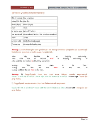 December 2, 2012                      [ENGLISH TEACHER        B.ENKHZUL FOR 8-11 TH GRADE STUDENTS]


Цаг заасан үг дараах байдлаар хувирна:

this (evening) that (evening)
today/this day that day
these (days)   those (days)
Now            Then
(a week) ago (a week) before
last weekend the weekend before / the previous weekend
Here           There
next (week)    the following (week)
Tomorrow       the next/following day

Анхаар: Хэлж байгаа зүйл одоо үнэн бодит зөв хэвээрээ байвал үйл үгийн цаг хувирахгүй
байж болно хувирсан ч энийг алдаа гэж үздэггүй.

John:           "My            brother          is            at             Leipzig            university."
John      said      that       his     brother       was           at      Leipzig        university.     or
John said that his brother is at Leipzig university.

Mandy:            "The             sun              rises                in              the            East."
Mandy        said       that       the        sun           rose          in       the         East.       or
Mandy said that the sun rises in the East.

Анхаар: 1) Өгүүлбэрийг одоо цаг дээр хэлж байвал цагийг өөрчлөхгүй.
Susan: "I work in an office." Susan says that she works in an office. - Susan says - одоо цаг
дээр байна.

2) Өгүүлбэрийг өнгөрсөн цаг дээр хэлж байвал цагийг өөрчлөнө.

Susan: "I work in an office." Susan said that she worked in an office. Susan said - өнгөрсөн цаг
дээр байна




                                                                                                       Page 46
 