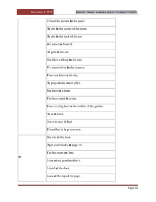 December 2, 2012                    [ENGLISH TEACHER   B.ENKHZUL FOR 8-11 TH GRADE STUDENTS]


                I found the picture in the paper.

                He sits in the corner of the room.

                He sits in the back of the car.

                We arrive in Madrid.

                He gets in the car.

                She likes walking in the rain.

                My cousin lives in the country.

                There are kites in the sky.

                He plays in the street. (BE)

                She lives in a hotel.

                The boys stand in a line.

                There is a big tree in the middle of the garden.

                He is in town.

                I have to stay in bed.

                The robber is in prison now.

                She sits at the desk.

                Open your books at page 10.

                The bus stops at Graz.
at
                I stay at my grandmother`s.

                I stand at the door.

                Look at the top of the page.


                                                                                        Page 58
 