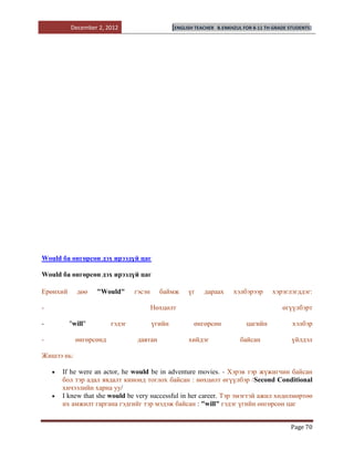 December 2, 2012                      [ENGLISH TEACHER   B.ENKHZUL FOR 8-11 TH GRADE STUDENTS]




Would ба өнгөрсөн дэх ирээдүй цаг

Would ба өнгөрсөн дэх ирээдүй цаг

Ерөнхий     дөө    "Would"      гэсэн     баймж       үг    дараах       хэлбэрээр      хэрэглэгддэг:

-                                       Нөхцөлт                                             өгүүлбэрт

-         "will"        гэдэг           үгийн           өнгөрсөн              цагийн            хэлбэр

-           өнгөрсөнд           давтан                хийдэг               байсан               үйлдэл

Жишээ нь:

      If he were an actor, he would be in adventure movies. - Хэрэв тэр жүжигчин байсан
      бол тэр адал явдалт кинонд тоглох байсан : нөхцөлт өгүүлбэр /Second Conditional
      хичээлийн харна уу/
      I knew that she would be very successful in her career. Тэр эмэгтэй ажил хөдөлмөртөө
      их амжилт гаргана гэдгийг тэр мэдэж байсан : "will" гэдэг үгийн өнгөрсөн цаг


                                                                                               Page 70
 