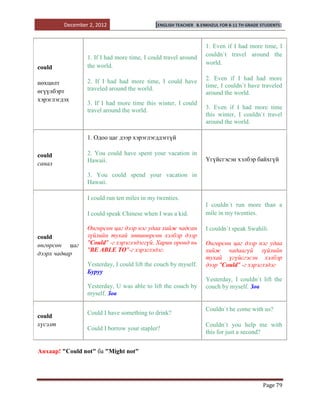 December 2, 2012                   [ENGLISH TEACHER   B.ENKHZUL FOR 8-11 TH GRADE STUDENTS]



                                                                   1. Even if I had more time, I
                 1. If I had more time, I could travel around      couldn`t travel around the
                 the world.                                        world.
could

                 2. If I had had more time, I could have           2. Even if I had had more
нөхцөлт                                                            time, I couldn`t have traveled
өгүүлбэрт        traveled around the world.
                                                                   around the world.
хэрэглэгдэх
                 3. If I had more time this winter, I could
                 travel around the world.                          3. Even if I had more time
                                                                   this winter, I couldn`t travel
                                                                   around the world.

                 1. Одоо цаг дээр хэрэглэгддэггүй

could            2. You could have spent your vacation in
                 Hawaii.                                           Үгүйсгэсэн хэлбэр байхгүй
санал
                 3. You could spend your vacation in
                 Hawaii.

                 I could run ten miles in my twenties.
                                                                   I couldn`t run more than a
                 I could speak Chinese when I was a kid.           mile in my twenties.

                 Өнгөрсөн цаг дээр нэг удаа хийж чадсан            I couldn`t speak Swahili.
could            зүйлийн тухай зөвшөөрсөн хэлбэр дээр
өнгөрсөн цаг     "Could" -г хэрэглэдэггүй. Харин оронд нь          Өнгөрсөн цаг дээр нэг удаа
                 "BE ABLE TO"-г хэрэглэдэг.                        хийж чадаагүй зүйлийн
дээрх чадвар
                                                                   тухай үгүйсгэсэн хэлбэр
                 Yesterday, I could lift the couch by myself.      дээр "Could" -г хэрэглэдэг
                 Буруу
                                                                   Yesterday, I couldn`t lift the
                 Yesterday, U was able to lift the couch by        couch by myself. Зөв
                 myself. Зөв

                                                                   Couldn`t he come with us?
                 Could I have something to drink?
could
хүсэлт                                                             Couldn`t you help me with
                 Could I borrow your stapler?
                                                                   this for just a second?


Анхаар! "Could not" ба "Might not"




                                                                                           Page 79
 