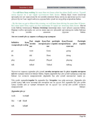 December 2, 2012                  [ENGLISH TEACHER   B.ENKHZUL FOR 8-11 TH GRADE STUDENTS]


- You will have been waiting for more than two hours when her plane finally arrives. Түүний
онгоц буутал чи 2 цаг гаруй хүлээчихсэн байх болно. Онгоц буух гэсэн хэллэгээр
ирээдүйд нэг цэг зааж өгсөн ба энэ цэгийн өмнөхөн буюу онгоц нь ирсэнээр хүлээх гэдэг
үйлдэл бүтэн 2 цаг гаруй хийгдээд дуусаж байх тухай энэ өгүүлбэр илэрхийлж байна.

- By the time we get to Khovd this evening, we will have been driving for more than 10 hours.
Бид өнөө орой Ховд хүрэх үед бид машинаар 10 гаруй цаг явчихаад байх болно. Ингэж
хэлж байгаа тохиолдолд Ховдод очсоноор машинаар явах гэдэг үйлдэл дууссан байна.
Өөрөөр хэлбэл ирээдүйд нэг цэгээс өмнө өөр нэг үйлдлийг үргэлжлүүлэн хийж байгаад
тэр               цэгийн                өмнөхөн                дууссан                байна.

Англи хэлний үйл үг дараах хэлбэрүүдээр хувирдаг

                   Past simple буюу Past participle буюу Present   Participle
Infinitive    буюу
                   энгийн   өнгөрсөн үйлт нэрийн өнгөрсөн буюу үйлт нэрийн
тодорхойгүй хэлбэр
                   цаг               цаг                  одоо цаг

go                     went                 Gone                        going

do                     did                  Done                        doing

play                   played               Played                      playing

talk                   talked               Talked                      talking


Хүснэгтээс харахад дүрмийн үйл үгний энгийн өнгөрсөн цаг ба үйлт нэрийн өнгөрсөн
цагийн хувирал ижилхэн байдаг байна. Харин Дүрмийн бус үйл үгний хувирлууд өөр өөр
байдаг тул цээжлэх шаардлагатай. Дүрмийн бус үйл үгний жагсаалтыг харна уу.

Үйл үгийг дүрмийн/regular ба дүрмийн бус /irregular гэж хоѐр ангилдаг. Дүрмийн үйл
үгийн хувьд -ed гэсэн залгавар авч өнгөрсөн цаг нь үүсдэг бол дүрмийн бус үйл үгийн
хувьд тухайн үйл үг хувирч өнгөрсөн цаг нь үүсдэг тул эдгээр үйл үгсийг цээжлэх
шаардлагатай                                                                 байдаг:

Дүрмийн үйл үг

work          worked

like   + -ed liked

talk          talked




                                                                                           Page 86
 