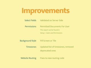 Improvements
Select Fields Validated on Server Side
Permissions Permitted Documents For User
This report can be found in  
Setup > Users and Permissions
Background Style Fill Screen or Tile
Timezones Updated list of timezones, removed
deprecated ones
Website Routing Fixes to new routing code
 