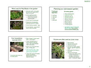 1/6/2013



         Many uses for Red Maids in the garden                                                                            Planning our cool-season garden
                                                                           Very nice in pots – very green          Traditional            CA native greens
                                                                            and attractive; helps control           vegetables
                                                                            them to an extent
                                                                                                                                           Allium haematochiton
                                                                           In the vegetable garden –                  Lettuce            Calandrinia ciliata
                                                                                Edible greens and seeds                                   Camissonia species
                                                                                                                       Spinach
                                                                                Flowers really perk up a                                  Claytonia perfoliata
                                                                                 vegetable garden                      Peas
                                                                                                                                           Mimulus cardinalis
                                                                           In the fronts of mixed beds                Broccoli           Oenothera elata
                                                                           Among native bunchgrasses;                                     Phacelia species
                                                                            needs bare ground to reseed                                    Plantago species
                                                                                                                                           Trifolium species
                                                                           In the ‘Children’s Garden’ – easy

                                                                           For bird habitat – many birds &                             See Mother Nature’s Backyard
                                                                            insects relish the seeds                                     blog for more-http://mother-
                                                                                                                                         natures-backyard.blogspot.com/
                                                                                                  © Project SOUND                                                     © Project SOUND




       Your resolutions:                                                   Minor changes to some raised
                                                                            beds – a few repairs                         Clovers are often used as cover crops
        summer 2012
                                                                           Convert the back beds to
                                                                            narrow beds for specialty                                           Quick growing
                                                                            crops – more space between                                          Suppress weed growth
                                                                            them & back fence
                                                                                                                                                Prevent soil erosion
                                                                           Better use of the back fence                                        Increase soil organic matter
                                                                            area: ?? New vines                                                   (humus) – good for vegetable
                                                                                                                                                 crops
                                                                           Add a few more beds – allow
                                                                                                                                                Can be eaten (by humans or
                                                                            you to ‘rest’ some beds each
                                                                                                                                                 livestock)
                                                                            year for plant/soil health
http://blog.gardenerd.com/2007/10/13/raised-beds--part-1-materials.aspx
                                                                                                                                                Improve soil Nitrogen:
                                                                           Create open areas surrounding                                           Interact with nodule-forming
                                                                            garden for pollinator                                                    nitrogen fixing bacteria
 Incorporate native plants into
                                                                            plants/plants to attract                                                Nitrogen is converted to a
 the edible garden
                                                                            beneficial insects                                                       form that can be used by
                                                                                                                                                     plants – including your veggies

                                                                                                  © Project SOUND                                                     © Project SOUND




                                                                                                                                                                                              7
 