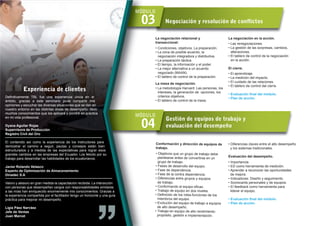 MÓDULO 03
Definitivamente TBL fue una experiencia única en el ámbito,
gracias a este seminario pude compartir mis opiniones y
escuchar las diversas situaciones que se dan en nuestro
entorno en las distintas áreas de desempeño; llevo muchos
conocimientos que los aplicaré y pondré en práctica en mi
vida profesional.
Dyana Aguilar Rojas
Supervisora de Producción
Registro Civil del Oro
El contenido así como la experiencia de los instructores
para demostrar el camino a seguir, pautas y consejos
están bien estructurados y a medida de las expectativas
para lograr esos grandes cambios en las empresas del
Ecuador. Los felicito por su trabajo para desarrollar las
habilidades de los ecuatorianos.
Javier Rolando Velasco
Experto de Optimización de Almacenamiento
Dinadec S.A
Valoro y atesoro en gran medida la capacitación
recibida. La interacción con personas que
desempeñan cargos con responsabilidades similares
a las mías han enriquecido enormemente mis
conocimientos. Gracias a la experiencia compartida
por el facilitador tengo un horizonte y una guía
práctica para mejorar mi desempeño.
Ligia Páez Narváez
Jefe de Ventas
Juan Marcet
Experiencia
de clientes
Negociación y resolución de conflictos
MÓDULO 04 Gestión de equipos de trabajo y evaluación del desempeño
TEMARIOS - LO QUE USTED ANALIZARÁ
La negociación relacional y transaccional:
• Condiciones, objetivos. La preparación.
• La zona de posible acuerdo, la negociación
integradora y distributiva.
• La preparación táctica.
• El tiempo, la información y el poder.
• La mejor alternativa a un acuerdo negociado
(MAAN).
• El tablero de control de la preparación.
La mesa de negociación.
• La metodología Harvard: Las personas, los
intereses, la generación de opciones, los
criterios objetivos.
• El tablero de control de la mesa.
La negociación en la acción.
• Las renegociaciones.
• La gestión de las sorpresas, cambios, alteraciones.
• El tablero de control de la negociación en la acción.
El cierre.
• El aprendizaje.
• La medición del impacto.
• El cuidado de las relaciones.
• El tablero de control del cierre.
• Evaluación ﬁnal del módulo.
• Plan de acción.
• Diferencias claves entre el alto desempeño
y los sistemas tradicionales.
Evaluación del desempeño.
• Importancia.
• ED como herramienta de medición.
• Aprender a reconocer las oportunidades
de mejora.
• Indicadores: Diseño y seguimiento.
• Scorecards personales y de equipos.
• El feedback como herramienta para
liderar el equipo.
• Evaluación ﬁnal del módulo.
• Plan de acción.
Conformación y dirección de equipos de
trabajo.
• Objetivos que un grupo de trabajo debe
plantearse antes de convertirse en un grupo de
trabajo.
• Fases de desarrollo del equipo.
• Fase de dependencia.
• Fase de la contra dependencia.
• Diferencias entre grupos y equipos de trabajo.
• Conformando el equipo eﬁcaz.
• Trabajo de equipo en dos niveles.
• Deﬁnición de los roles-funciones de los
miembros del equipo.
• Evolución del equipo de trabajo a equipos
de alto desempeño.
• Trabajo en equipo de alto rendimiento: propósito,
gestión e implementación.
 