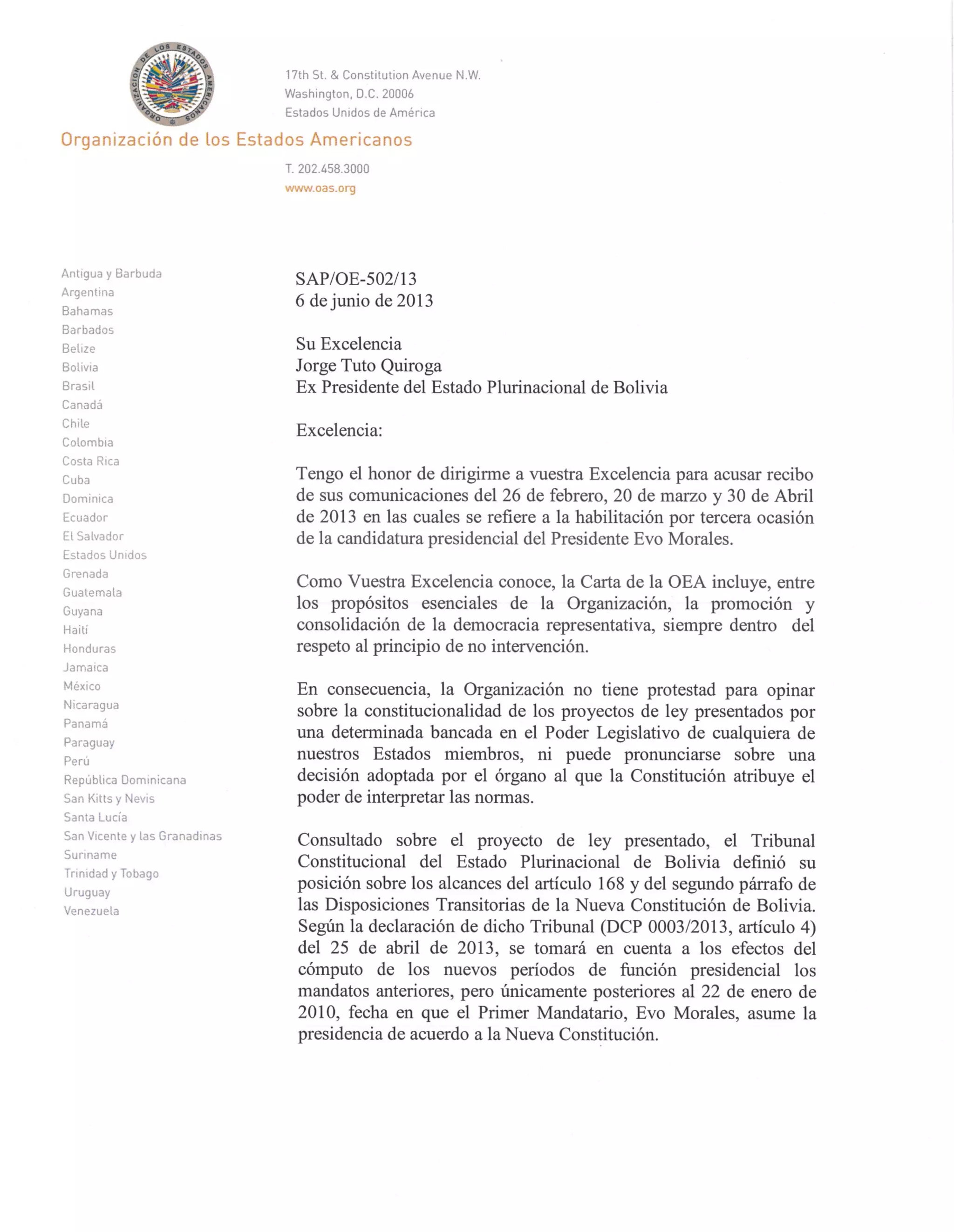 Jun 06   jorge tuto quiroga - oea - reeleccion evo
