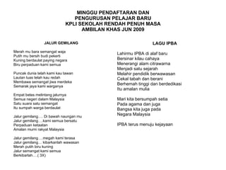 MINGGU PENDAFTARAN DAN PENGURUSAN PELAJAR BARU KPLI SEKOLAH RENDAH PENUH MASA AMBILAN KHAS JUN 2009 JALUR GEMILANG Merah mu bara semangat waja Putih mu bersih budi pekerti Kuning berdaulat paying negara Biru perpaduan kami semua Puncak dunia telah kami kau tawan Lautan luas telah kau redah Membawa semangat jiwa merdeka Semarak jaya kami warganya Empat belas melintang jalurnya Semua negeri dalam Malaysia Satu suara satu semangat Itu sumpah warga berdaulat Jalur gemilang…. Di bawah naungan mu Jalur gemilang….kami semua bersatu Perpaduan ketaatan Amalan murni rakyat Malaysia Jalur gemilang….megah kami terasa Jalur gemilang… kibarkanlah wawasan Merah putih biru kuning Jalur semangat kami semua Berkibarlah….( 3X) LAGU IPBA Lahirmu IPBA di alaf baru Bersinar kilau cahaya Menerangi alam citrawarna Menjadi satu sejarah Melahir pendidik berwawasan Cekal tabah dan berani Berhemah tinggi dan berdedikasi Itu amalan mulia Mari kita bersumpah setia Pada agama dan juga Bangsa kita juga pada Negara Malaysia IPBA terus menuju kejayaan 