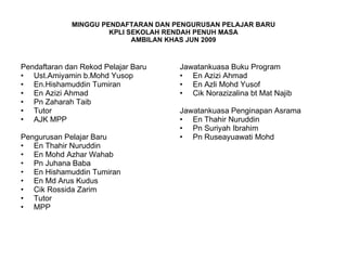MINGGU PENDAFTARAN DAN PENGURUSAN PELAJAR BARU KPLI SEKOLAH RENDAH PENUH MASA AMBILAN KHAS JUN 2009 Pendaftaran dan Rekod Pelajar Baru Ust.Amiyamin b.Mohd Yusop En.Hishamuddin Tumiran En Azizi Ahmad Pn Zaharah Taib Tutor AJK MPP Pengurusan Pelajar Baru En Thahir Nuruddin En Mohd Azhar Wahab Pn Juhana Baba En Hishamuddin Tumiran En Md Arus Kudus Cik Rossida Zarim Tutor MPP Jawatankuasa Buku Program En Azizi Ahmad En Azli Mohd Yusof Cik Norazizalina bt Mat Najib Jawatankuasa Penginapan Asrama En Thahir Nuruddin Pn Suriyah Ibrahim Pn Ruseayuawati Mohd 