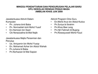 MINGGU PENDAFTARAN DAN PENGURUSAN PELAJAR BARU KPLI SEKOLAH RENDAH PENUH MASA AMBILAN KHAS JUN 2009 Jawatankuasa Aktiviti Dalam Kumpulan  Pn. Juhana binti Baba Pn. Normadiah binti Mohd Yusof En.Hamizan bin Saari Cik Norazizalina bt.Mat Najib Jawatankuasa Majlis Perasmian dan  Penutup Us. Amiyamin bin Mohd Yusop En. Mohamad Azhar bin Abdul Wahab Pn.Juhana bt Baba Pn.Norhazian bt Mat Sapian Aktiviti Program Citra Guru En.Mohd Arus bin Abdul Kudus Pn.Suriya bt Ibrahim Pn.Khoo Bee Leng Pn.Hjh Fatimah bt Bujang Pn.Roseayuwati Mohd Fauzi 