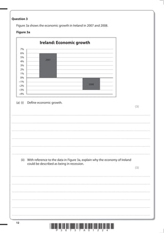 12
*P38737A01224*
Question 3
Figure 3a shows the economic growth in Ireland in 2007 and 2008.
Figure 3a
Ireland: Economic growth
7%
6%
5%
4%
3%
2%
1%
0%
–1%
–2%
–3%
–4%
2007
2008
(a) (i) Define economic growth.
(3)
.................................................................................................................................................................................................................................................................................
.................................................................................................................................................................................................................................................................................
.................................................................................................................................................................................................................................................................................
.................................................................................................................................................................................................................................................................................
.................................................................................................................................................................................................................................................................................
.................................................................................................................................................................................................................................................................................
(ii) With reference to the data in Figure 3a, explain why the economy of Ireland
could be described as being in recession.
(3)
.................................................................................................................................................................................................................................................................................
.................................................................................................................................................................................................................................................................................
.................................................................................................................................................................................................................................................................................
.................................................................................................................................................................................................................................................................................
.................................................................................................................................................................................................................................................................................
.................................................................................................................................................................................................................................................................................
 