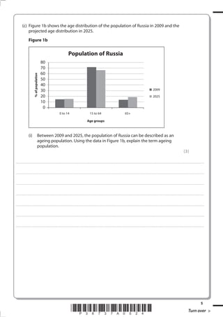 5
*P38737A0524* Turn over
(c) Figure 1b shows the age distribution of the population of Russia in 2009 and the
projected age distribution in 2025.
Figure 1b
80
70
60
50
40
30
20
10
0
0 to 14 15 to 64 65+
Age groups
%ofpopulation
2009
2025
Population of Russia
(i) Between 2009 and 2025, the population of Russia can be described as an
ageing population. Using the data in Figure 1b, explain the term ageing
population.
(3)
.................................................................................................................................................................................................................................................................................
.................................................................................................................................................................................................................................................................................
.................................................................................................................................................................................................................................................................................
.................................................................................................................................................................................................................................................................................
.................................................................................................................................................................................................................................................................................
.................................................................................................................................................................................................................................................................................
.................................................................................................................................................................................................................................................................................
 