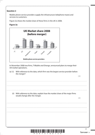 7
*P38737A0724* Turn over
Question 2
Mobile phone service providers supply the infrastructure (telephone masts) and
services to customers.
Figure 2a shows the market share of these firms in the UK in 2008.
Figure 2a
5.80%
Mobile phone service providers
UK Market share 2008
(before merger)
28%
23%
6.20%
22%
15%
VodaphoneO2“3”
Virgin
Orange
T-m
obile
In November 2008 two firms, T-Mobile and Orange, announced plans to merge their
UK market operations.
(a) (i) With reference to the data, which firm was the largest service provider before
the merger?
(2)
.................................................................................................................................................................................................................................................................................
.................................................................................................................................................................................................................................................................................
.................................................................................................................................................................................................................................................................................
(ii) With reference to the data, explain how the market share of the major firms
would change after the merger.
(2)
.................................................................................................................................................................................................................................................................................
.................................................................................................................................................................................................................................................................................
.................................................................................................................................................................................................................................................................................
 