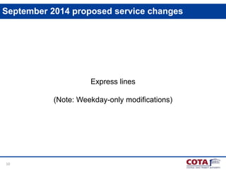 10
September 2014 proposed service changes
Express lines
(Note: Weekday-only modifications)
 