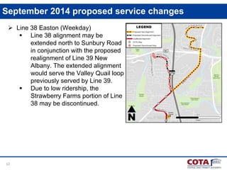 12
September 2014 proposed service changes
 Line 38 Easton (Weekday)
 Line 38 alignment may be
extended north to Sunbury Road
in conjunction with the proposed
realignment of Line 39 New
Albany. The extended alignment
would serve the Valley Quail loop
previously served by Line 39.
 Due to low ridership, the
Strawberry Farms portion of Line
38 may be discontinued.
 