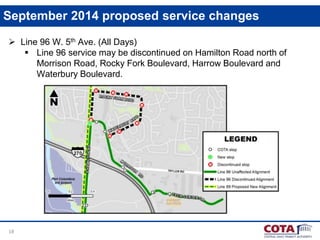 18
September 2014 proposed service changes
 Line 96 W. 5th Ave. (All Days)
 Line 96 service may be discontinued on Hamilton Road north of
Morrison Road, Rocky Fork Boulevard, Harrow Boulevard and
Waterbury Boulevard.
 