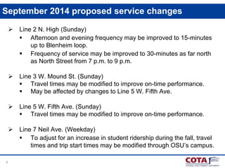 6
September 2014 proposed service changes
 Line 2 N. High (Sunday)
 Afternoon and evening frequency may be improved to 15-minutes
up to Blenheim loop.
 Frequency of service may be improved to 30-minutes as far north
as North Street from 7 p.m. to 9 p.m.
 Line 3 W. Mound St. (Sunday)
 Travel times may be modified to improve on-time performance.
 May be affected by changes to Line 5 W. Fifth Ave.
 Line 5 W. Fifth Ave. (Sunday)
 Travel times may be modified to improve on-time performance.
 Line 7 Neil Ave. (Weekday)
 To adjust for an increase in student ridership during the fall, travel
times and trip start times may be modified through OSU’s campus.
 
