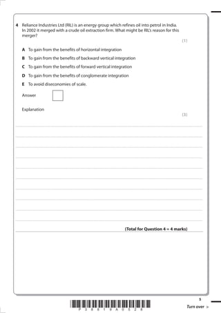 4 Reliance Industries Ltd (RIL) is an energy group which refines oil into petrol in India.
  In 2002 it merged with a crude oil extraction firm. What might be RIL’s reason for this
  merger?
                                                                                                                                                                                                                                                                                                                                                                                                         (1)
              A To gain from the benefits of horizontal integration
              B To gain from the benefits of backward vertical integration
              C To gain from the benefits of forward vertical integration
              D To gain from the benefits of conglomerate integration
              E To avoid diseconomies of scale.

              Answer


              Explanation
                                                                                                                                                                                                                                                                                                                                                                                                         (3)

. . . . . . . . . . . . ............................................................................................. . . . . . . . . . . . . . . . . . . . . . . . . . . . . . . . . . . . . . . . . . . . . . . . . . . . . . . . . . . . . . . . . . . . . . . . . . . . . . . . . . . . . . . . . . . . . . . . . . . . . . . . . . . . . . . . . . . . . . . . . . . . . . . . . . . . . . . . . . . . ............. . . . . . . . . . . . . . . . .



. . . . . . . . . . . . ............................................................................................. . . . . . . . . . . . . . . . . . . . . . . . . . . . . . . . . . . . . . . . . . . . . . . . . . . . . . . . . . . . . . . . . . . . . . . . . . . . . . . . . . . . . . . . . . . . . . . . . . . . . . . . . . . . . . . . . . . . . . . . . . . . . . . . . . . . . . . . . . . . ............. . . . . . . . . . . . . . . . .



. . . . . . . . . . . . ............................................................................................. . . . . . . . . . . . . . . . . . . . . . . . . . . . . . . . . . . . . . . . . . . . . . . . . . . . . . . . . . . . . . . . . . . . . . . . . . . . . . . . . . . . . . . . . . . . . . . . . . . . . . . . . . . . . . . . . . . . . . . . . . . . . . . . . . . . . . . . . . . . ............. . . . . . . . . . . . . . . . .



. . . . . . . . . . . . ............................................................................................. . . . . . . . . . . . . . . . . . . . . . . . . . . . . . . . . . . . . . . . . . . . . . . . . . . . . . . . . . . . . . . . . . . . . . . . . . . . . . . . . . . . . . . . . . . . . . . . . . . . . . . . . . . . . . . . . . . . . . . . . . . . . . . . . . . . . . . . . . . . ............. . . . . . . . . . . . . . . . .



. . . . . . . . . . . . ............................................................................................. . . . . . . . . . . . . . . . . . . . . . . . . . . . . . . . . . . . . . . . . . . . . . . . . . . . . . . . . . . . . . . . . . . . . . . . . . . . . . . . . . . . . . . . . . . . . . . . . . . . . . . . . . . . . . . . . . . . . . . . . . . . . . . . . . . . . . . . . . . . ............. . . . . . . . . . . . . . . . .



. . . . . . . . . . . . ............................................................................................. . . . . . . . . . . . . . . . . . . . . . . . . . . . . . . . . . . . . . . . . . . . . . . . . . . . . . . . . . . . . . . . . . . . . . . . . . . . . . . . . . . . . . . . . . . . . . . . . . . . . . . . . . . . . . . . . . . . . . . . . . . . . . . . . . . . . . . . . . . . ............. . . . . . . . . . . . . . . . .



. . . . . . . . . . . . ............................................................................................. . . . . . . . . . . . . . . . . . . . . . . . . . . . . . . . . . . . . . . . . . . . . . . . . . . . . . . . . . . . . . . . . . . . . . . . . . . . . . . . . . . . . . . . . . . . . . . . . . . . . . . . . . . . . . . . . . . . . . . . . . . . . . . . . . . . . . . . . . . . ............. . . . . . . . . . . . . . . . .



. . . . . . . . . . . . ............................................................................................. . . . . . . . . . . . . . . . . . . . . . . . . . . . . . . . . . . . . . . . . . . . . . . . . . . . . . . . . . . . . . . . . . . . . . . . . . . . . . . . . . . . . . . . . . . . . . . . . . . . . . . . . . . . . . . . . . . . . . . . . . . . . . . . . . . . . . . . . . . . ............. . . . . . . . . . . . . . . . .



. . . . . . . . . . . . ............................................................................................. . . . . . . . . . . . . . . . . . . . . . . . . . . . . . . . . . . . . . . . . . . . . . . . . . . . . . . . . . . . . . . . . . . . . . . . . . . . . . . . . . . . . . . . . . . . . . . . . . . . . . . . . . . . . . . . . . . . . . . . . . . . . . . . . . . . . . . . . . . . ............. . . . . . . . . . . . . . . . .



. . . . . . . . . . . . ............................................................................................. . . . . . . . . . . . . . . . . . . . . . . . . . . . . . . . . . . . . . . . . . . . . . . . . . . . . . . . . . . . . . . . . . . . . . . . . . . . . . . . . . . . . . . . . . . . . . . . . . . . . . . . . . . . . . . . . . . . . . . . . . . . . . . . . . . . . . . . . . . . ............. . . . . . . . . . . . . . . . .



                                                                                                                                                                                                                                                                  (Total for Question 4 = 4 marks)




                                                                                                                                                                                                                                                                                                                                                                                                                                                 5
                                                                                                                                 *P38819A08*                                                                                                                                                                                                                                                                      Turn over
 
