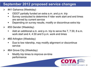 September 2012 proposed service changes
   #41 Gahanna (Weekday)
       ODOT partially funded an extra a.m. and p.m. trip
       Survey conducted to determine if rider work start and end times
        are served by current service
       Depending on survey results, modify or discontinue extra trip
   #55 Gender (Weekday)
       Add an additional a.m. and p.m. trip to serve the 7, 7:30, 8 a.m.
        work start and 4, 4:30 and 5 p.m. work end times
   #60 Arlington (Weekday)
       Due to low ridership, may modify alignment or discontinue
        service
   #64 Grove City (Weekday)
       Modify trip times to improve on-time
        performance


                                                                            21
 