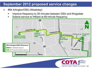 September 2012 proposed service changes
   #84 Arlington/OSU (Weekday)
       Improve frequency to 30 minutes between OSU and Kingsdale
       Extend service to Hilliard at 60-minute frequency




                                                                    25
 
