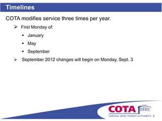 Timelines
COTA modifies service three times per year.
    First Monday of:
        January
        May
        September
      September 2012 changes will begin on Monday, Sept. 3




                                                              3
 