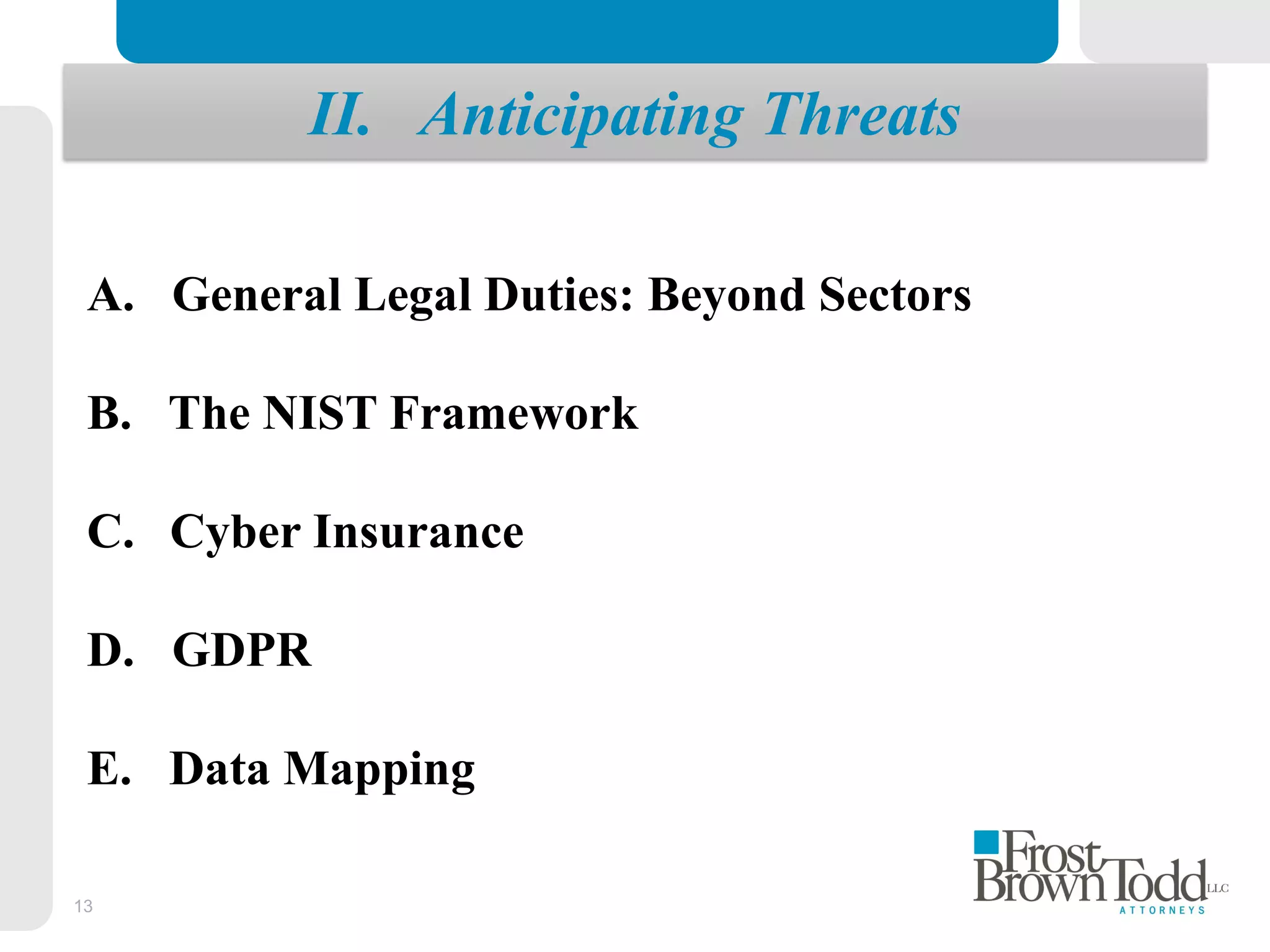 13
A. General Legal Duties: Beyond Sectors
B. The NIST Framework
C. Cyber Insurance
D. GDPR
E. Data Mapping
II. Anticipating Threats
 