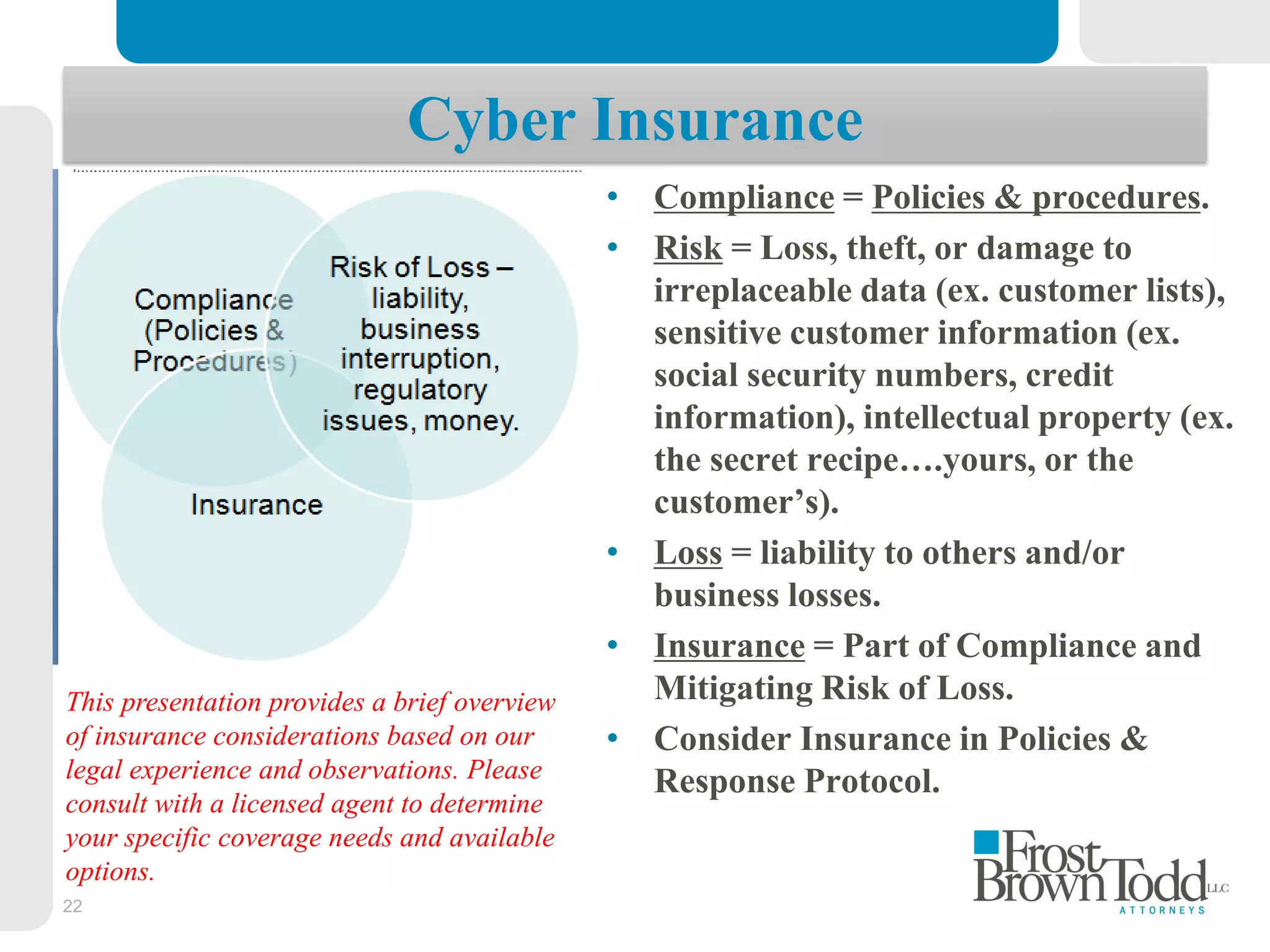 22
Cyber Insurance
• Compliance = Policies & procedures.
• Risk = Loss, theft, or damage to
irreplaceable data (ex. customer lists),
sensitive customer information (ex.
social security numbers, credit
information), intellectual property (ex.
the secret recipe….yours, or the
customer’s).
• Loss = liability to others and/or
business losses.
• Insurance = Part of Compliance and
Mitigating Risk of Loss.
• Consider Insurance in Policies &
Response Protocol.
This presentation provides a brief overview
of insurance considerations based on our
legal experience and observations. Please
consult with a licensed agent to determine
your specific coverage needs and available
options.
 