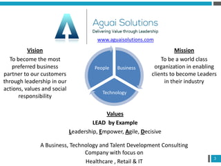 3
A Business, Technology and Talent Development Consulting
Company with focus on
Healthcare , Retail & IT
Business
Technology
People
Vision
To become the most
preferred business
partner to our customers
through leadership in our
actions, values and social
responsibility
Mission
To be a world class
organization in enabling
clients to become Leaders
in their industry
Values
LEAD by Example
Leadership, Empower, Agile, Decisive
www.aguaisolutions.com
 
