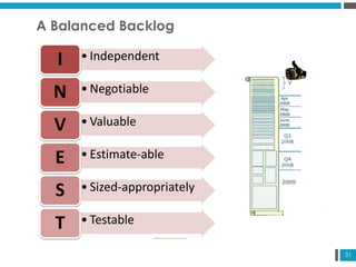 31
A Balanced Backlog
• IndependentI
• NegotiableN
• ValuableV
• Estimate-ableE
• Sized-appropriatelyS
• TestableT
 