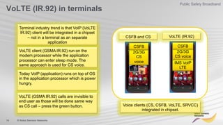 14 © Nokia Siemens Networks
Public Safety Broadband
VoLTE (IR.92) in terminals
VoLTE (IR.92)
Terminal industry trend is that VoIP (VoLTE
IR.92) client will be integrated in a chipset
– not in a terminal as an separate
application
2G/3G
CS
voice
CSFB
IMS VoIP
LTE
CSFB and CS
2G/3G
CS voice
CSFB
VoLTE client (GSMA IR.92) run on the
modem processor while the application
processor can enter sleep mode. The
same approach is used for CS voice.
Today VoIP (application) runs on top of OS
in the application processor which is power
hungry.
VoLTE (GSMA IR.92) calls are invisible to
end user as those will be done same way
as CS call – press the green button. Voice clients (CS, CSFB, VoLTE, SRVCC)
integrated in chipset.
 