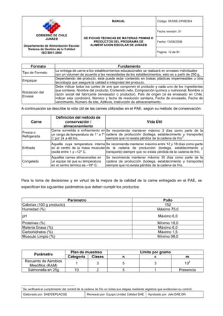 MANUAL Código: M-DAE-CPAE004
Fecha revisión: 01
Fecha: 13/08/2008
GOBIERNO DE CHILE
JUNAEB
Departamento de Alimentación Escolar
Sistema de Gestión de la Calidad
ISO 9001:2000
DE FICHAS TECNICAS DE MATERIAS PRIMAS O
PRODUCTOS DEL PROGRAMA DE
ALIMENTACION ESCOLAR DE JUNAEB
Pagina: 12 de 91
Elaborado por: DAE/DEPLACGE Revisado por: Equipo Unidad Calidad DAE Aprobado por: Jefe DAE DN
Formato Fundamento
Tipo de Formato
La entrega de carne a los establecimientos educacionales se realizará en envases individuales
con un volumen de acuerdo a las necesidades de los establecimientos, esto es a partir de 250 g.
Empaque
Dependiendo del producto, éste puede estar contenido en bolsas plásticas impermeables u otra
tecnología que asegure la calidad e integridad del producto.
Rotulación del
Envase
Debe indicar todos los cortes de ave que componen el producto y cada uno de los ingredientes
que contiene, Nombre del producto, Contenido neto, Composición química y nutricional, Nombre o
razón social del fabricante (envasador o productor), País de origen (si es envasado en Chile,
indicar esta condición), Número y fecha de resolución sanitaria, Fecha de envasado, Fecha de
vencimiento, Número de lote, Aditivos, Instrucción de almacenamiento.
A continuación se describe la vida útil de las carnes utilizadas en el PAE, según su método de conservación:
Carne
Definición del método de
conservación /
almacenamiento
Vida Útil
Fresca o
Refrigerada
Carne sometida a enfriamiento en
un rango de temperatura de 1° a 7°
C por 24 a 48 hrs.
Se recomienda mantener máximo 3 días como parte de la
cadena de producción (bodega, establecimiento y transporte)
siempre que no exista pérdida de la cadena de frío3
.
Enfriada
Aquella cuya temperatura interna
en el centro de la masa muscular
oscila entre 1 y –12º C.
Se recomienda mantener máximo entre 12 y 18 días como parte
de la cadena de producción (bodega, establecimiento y
transporte) siempre que no exista pérdida de la cadena de frío.
Congelada
Aquellas carnes almacenadas en
un equipo tal que su temperatura
en el centro térmico es –18º C.
Se recomienda mantener máximo 30 días como parte de la
cadena de producción (bodega, establecimiento y transporte)
siempre que no exista pérdida de la cadena de frío.
Para la toma de decisiones y en virtud de la mejora de la calidad de la carne entregada en el PAE, se
especifican los siguientes parámetros que deben cumplir los productos.
Parámetro Pollo
Calorías (100 g producto) 152
Humedad (%) Máximo 75,0
pH Máximo 6,0
Proteínas (%) Mínimo 18,0
Materia Grasa (%) Máximo 6,0
Carbohidratos (%) Máximo 1,5
Músculo Limpio (%) Mínimo 98,0
Plan de muestreo Límite por gramo
Parámetro
Categoría Clases n c m
Recuento de Aerobios
Mesófilos (RAM)
1 3 5 3 106
Salmonella en 25g 10 2 5 1 Presencia
3
Se verificará el cumplimiento del control de la cadena de frío en todas sus etapas mediante registros que evidencien su control.
 