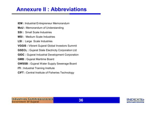 Annexure II : Abbreviations

IEM : Industrial Entrepreneur Memorandum
MoU : Memorandum of Understanding
SSI : Small Scale Industries
MSI : Medium Scale Industries
LSI : Large Scale Industries
VGGIS : Vibrant Gujarat Global Investors Summit
GSECL : Gujarat State Electricity Corporation Ltd
GIDC : Gujarat Industrial Development Corporation
GMB : Gujarat Maritime Board
GWSSB : Gujarat Water Supply Sewerage Board
ITI : Industrial Training Institute
CIFT : Central Institute of Fisheries Technology




                                                    36
 