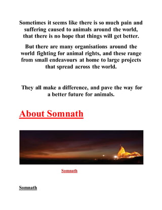 Sometimes it seems like there is so much pain and 
suffering caused to animals around the world, 
that there is no hope that things will get better. 
But there are many organisations around the 
world fighting for animal rights, and these range 
from small endeavours at home to large projects 
that spread across the world. 
They all make a difference, and pave the way for 
a better future for animals. 
About Somnath 
Somnath 
Somnath 
 