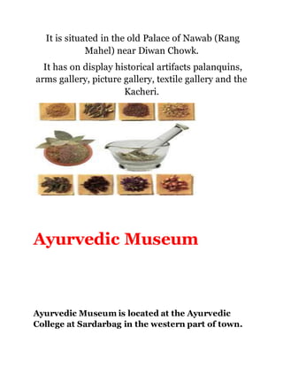 It is situated in the old Palace of Nawab (Rang 
Mahel) near Diwan Chowk. 
It has on display historical artifacts palanquins, 
arms gallery, picture gallery, textile gallery and the 
Kacheri. 
Ayurvedic Museum 
Ayurvedic Museum is located at the Ayurvedic 
College at Sardarbag in the western part of town. 
 
