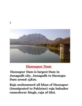 1 
Hasnapur Dam 
Hasnapur Dam is largest Dam in 
Junagadh city, Junagadh to Hasnapu 
Dam aroud 15Km. 
Raja muhammed ail khan of Hasnapur 
(immigrated to Pakistan) raja bahadur 
rameshwar Singh, raja of tiloi. 
 