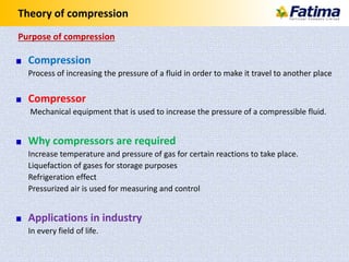 Theory of compression
Compression
Process of increasing the pressure of a fluid in order to make it travel to another place
Compressor
Mechanical equipment that is used to increase the pressure of a compressible fluid.
Why compressors are required
Increase temperature and pressure of gas for certain reactions to take place.
Liquefaction of gases for storage purposes
Refrigeration effect
Pressurized air is used for measuring and control
Applications in industry
In every field of life.
Purpose of compression
 