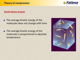 Theory of compression
The average kinetic energy of the
molecules does not change with time.
The average kinetic energy of the
molecules is proportional to absolute
temperature.
Kinetic theory of gases
 
