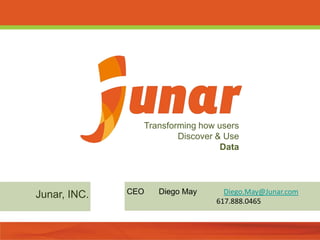 Transforming how users
                        Discover & Use
                                  Data




Junar, INC.   CEO   Diego May     Diego.May@Junar.com
                                617.888.0465
 
