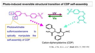 UV
Vis
Cation-diphenylalanine (CDP)
Photoswitchable
sulfonicazobenzene to
optically manipulate the
self-assembly of CDP
Ph...