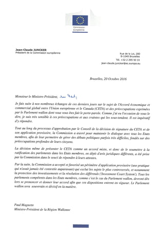 CETA: La lettre de Juncker à Magnette