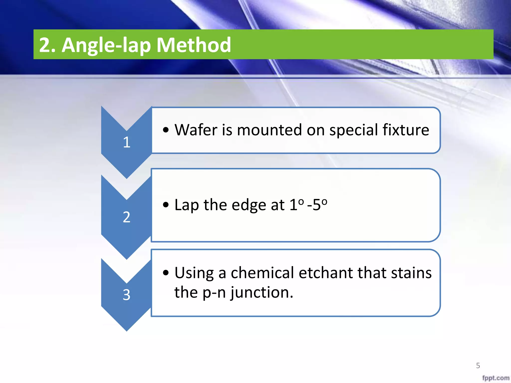 2. Angle-lap Method
5
1
• Wafer is mounted on special fixture
2
• Lap the edge at 1o -5o
3
• Using a chemical etchant that stains
the p-n junction.
 